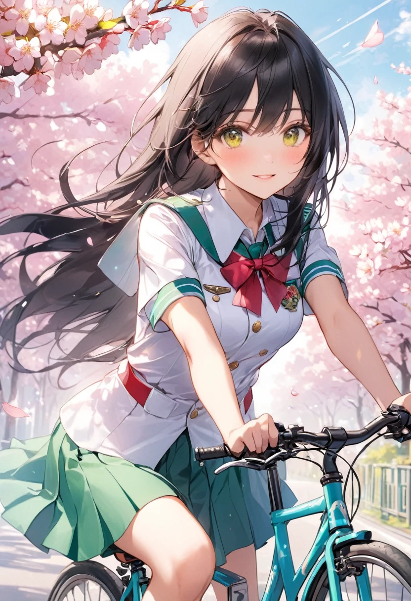 Long black hair、cherry blossoms、Riding a bicycle、Girl in uniform、Yellow-green eyes、Beauty