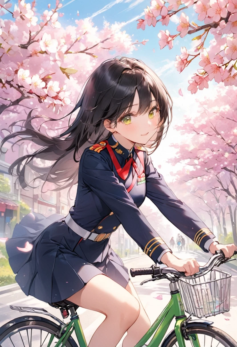 Long black hair、cherry blossoms、Riding a bicycle、Girl in uniform、Yellow-green eyes、Beauty