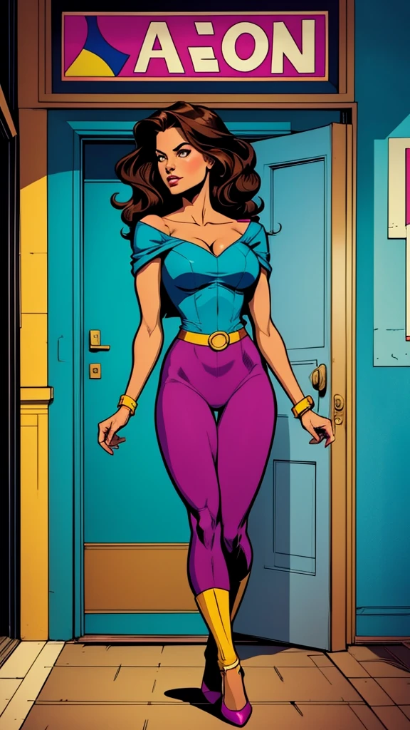 Create an image in the style of classic comics, with vibrant colors and well-defined lines. The scene features a Brazilian woman with medium-length, wavy dark hair and a medium skin tone. She is exiting a room in a building, walking confidently. Near the entrance of the room, there is a sign. The image should be in profile view of the woman, capturing her confident demeanor. The background should include elements of the building's interior, such as walls, doors, and signs, to provide context.