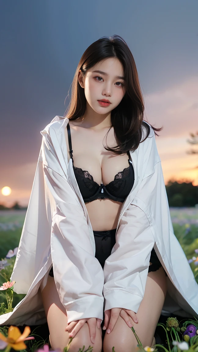 no, Ray tracing, Radio City, Anisotropic filtration, 16,000, best quality, 1 woman, alone, mature, beautiful young woman, ((black bra)) white shirt Let go of the shirt, Gradient long hair, (((Cosmos flower field)))、laugh、sunset、((big breasts)) 、Knee crawling