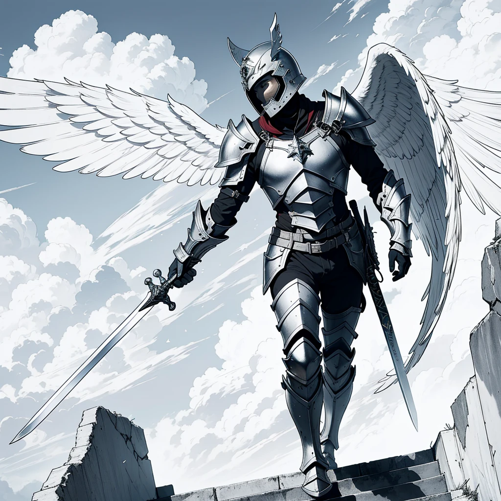 ((Best Quality)), ((masterpiece)), (detailed), angel warrior man with war armor, war helmet with sword, on his back and wings open climbing stairs towards the sky between clouds