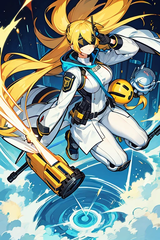 Robot woman, Yellow hair, with a blindfold on my eyes, hand grenade launcher, white coat