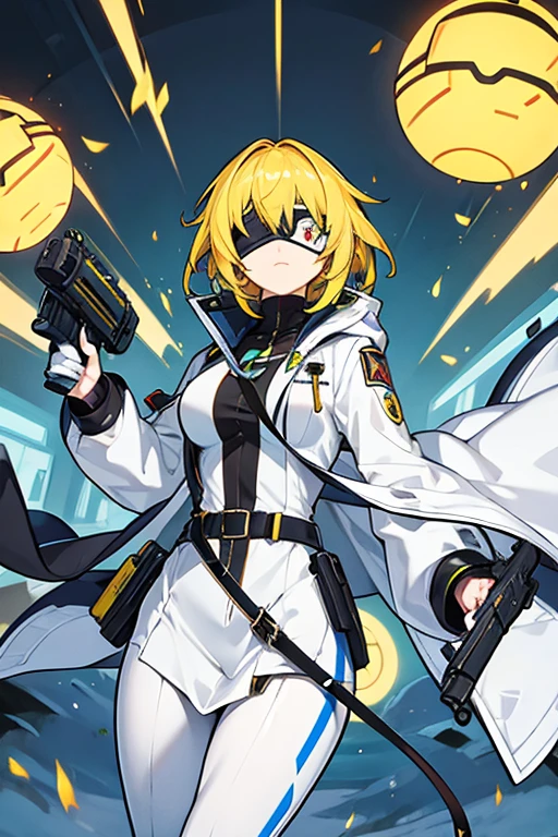 Robot woman, Yellow hair, with a blindfold on my eyes, hand grenade launcher, white coat