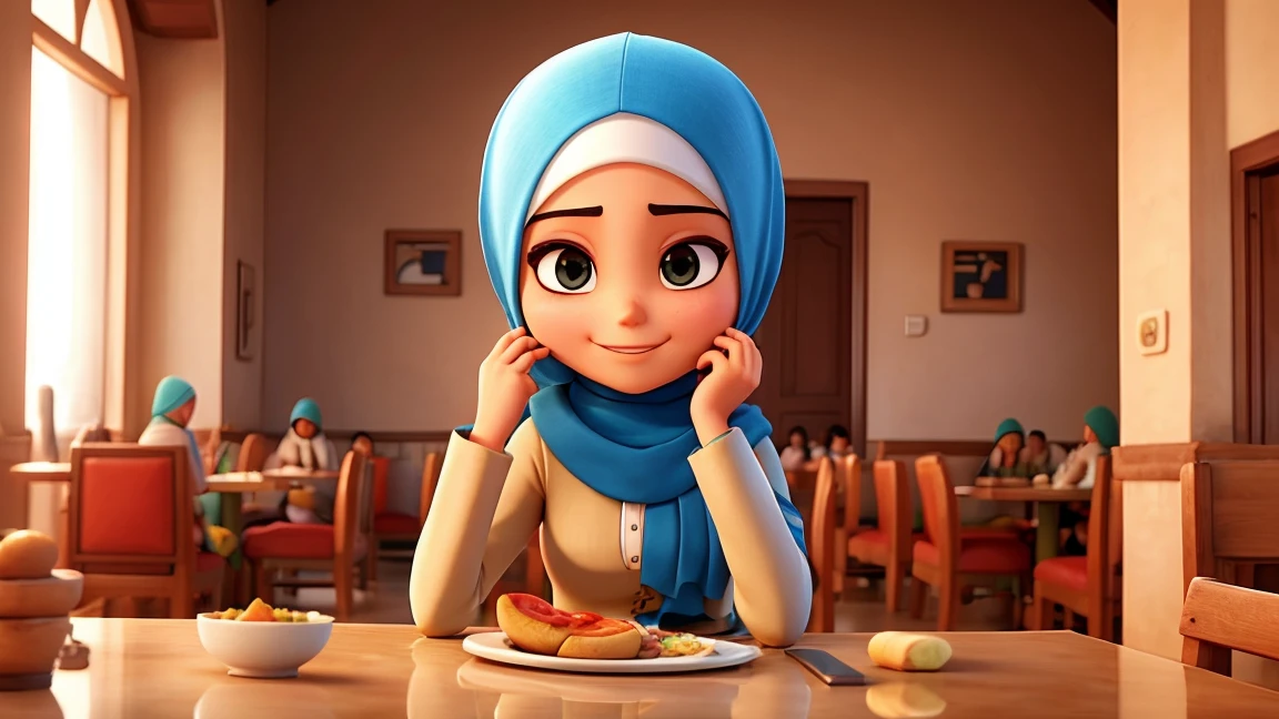 Arabic 25 years old woman, covered head, modern Hijab, facing camera, eating in the restaurant, pizza, exceptional clarity and sharpness PIXAR style