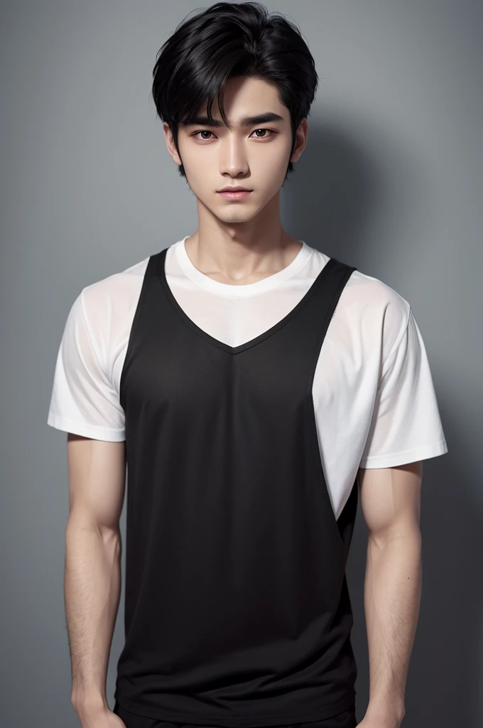 body hair:short black smooth skin: white eyes:black shirt:black
