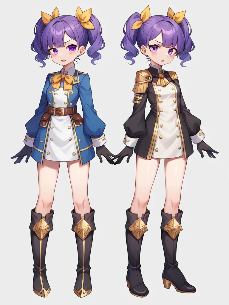 Gender: FemaleHeight: Approximately 163 cm (5'4")Physical appearance:hair: long, lacio y violet in color. Tied in two high pigtails with gold bows.eyes: big ones, violet in color.fur: clara.outfit:Main Suit: Short combat dress in purple and white tones with gold details.Upper part: Purple fitted bodice with gold decorations and light gold armor on the shoulders.Bottom: short skirt with ruffles, with gold patterns and white details.Accessories: Gloves without fingers, golden ribbons tied around arms and legs, short and thin coat.Footwear: Knee High Boots, purple with gold and white details.