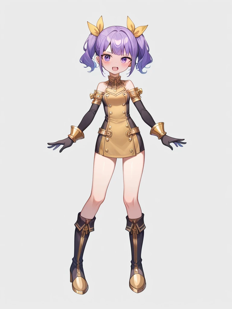 Gender: FemaleHeight: Approximately 163 cm (5'4")Physical appearance:hair: long, lacio y violet in color. Tied in two high pigtails with gold bows.eyes: big ones, violet in color.fur: clara.outfit:Main Suit: Short combat dress in purple and white tones with gold details.Upper part: Purple fitted bodice with gold decorations and light gold armor on the shoulders.Bottom: short skirt with ruffles, with gold patterns and white details.Accessories: Gloves without fingers, golden ribbons tied around arms and legs, short and thin coat.Footwear: Knee High Boots, purple with gold and white details.