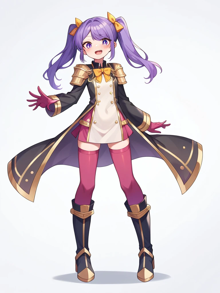 Gender: FemaleHeight: Approximately 163 cm (5'4")Physical appearance:hair: long, lacio y violet in color. Tied in two high pigtails with gold bows.eyes: big ones, violet in color.fur: clara.outfit:Main Suit: Short combat dress in purple and white tones with gold details.Upper part: Purple fitted bodice with gold decorations and light gold armor on the shoulders.Bottom: short skirt with ruffles, with gold patterns and white details.Accessories: Gloves without fingers, golden ribbons tied around arms and legs, short and thin coat.Footwear: Knee High Boots, purple with gold and white details.