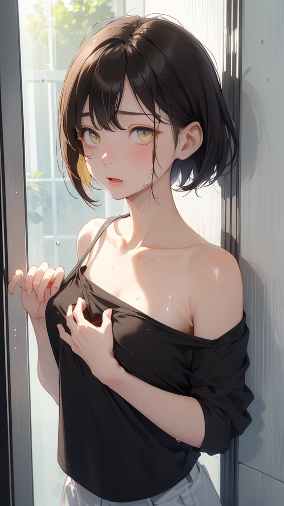 (((Ultra HD)))、(The perfect background)、(hair over two eye:1.5)、(Perfect hands)、(Complex background)、Brown Hair、Bobcut、18 year old girl、Mid-chest、Moderately breasted、Droopy eyes、Yellow Eyes、(Black shirt:1.3)、Pressing the chest against each other、Gaze Here、Embarrassed expression、Blushing、(Through the glass)、Attaching a breast to glass、Wet body、Wet clothes、Wet Hair、gravure、Mouth open、Alluring、Put your hands on the wall、Crushed chest、
