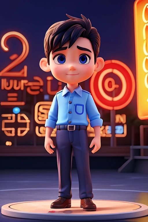 Create an avatar that represents a boy presenting a Quiz on a stage where there is a lighted sign written "Who Said Quiz".