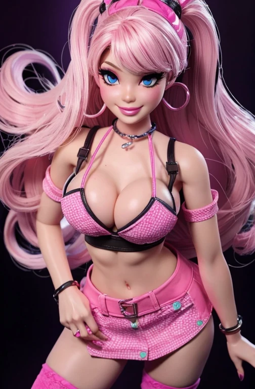 Ecchi chibi Barbie girl in colourful clothes, located in nighttime dark cave, looking at viewer nervously + frown, bigger breasts 