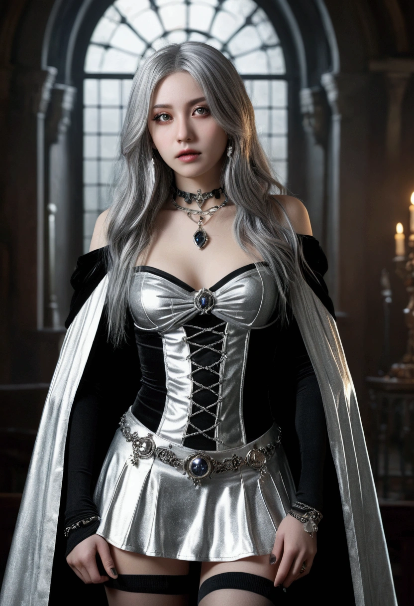 Gothic style photoRealistic, One girl, (非Realisticなタトゥー), Long Hair, Witch Hair, alone, belly button, detailed eyes, jewelry, bracelet, choker, Small breasts, View your viewers, Realistic, necklace, (((Silver clothing))), Silver short mini skirt, Exposing shoulders, Thigh-high socks, Silver Cape, Silver Chain, dark, mysterious, Ghostly, dramatic, Brilliant, detailed,