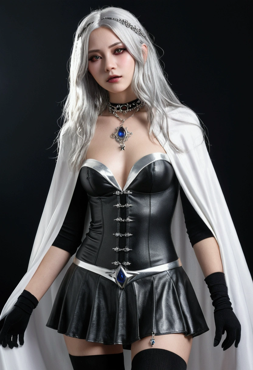 Gothic style photoRealistic, One girl, (非Realisticなタトゥー), Long Hair, Witch Hair, alone, belly button, detailed eyes, jewelry, bracelet, choker, Small breasts, View your viewers, Realistic, necklace, (((Silver clothing))), Silver short mini skirt, Exposing shoulders, Thigh-high socks, Silver Cape, Silver Chain, dark, mysterious, Ghostly, dramatic, Brilliant, detailed,