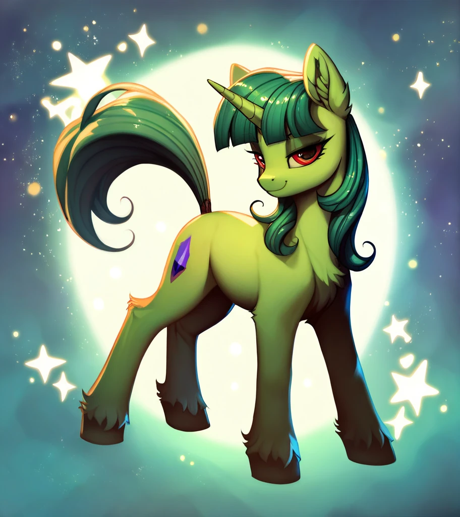 score_9, score_8_up, score_7_up, score_6_up, score_5_up, score_4_up, (by aki99), source_pony, rating_suggestive, (feral), bedroom eyes, shiny, masterpiece, detailed soft lighting, ear fluff, green_hair, straight_hair,long_Hair, Fluffy_Hair, wolfcut_hair, light_green_skin, Red_eyes, hair_acessorios, Stars, Sparkles, full_body, cool_pose, full_body, pelagem_Branca.