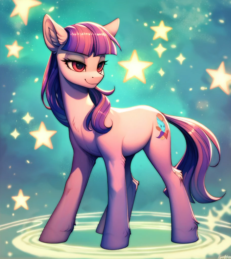 score_9, score_8_up, score_7_up, score_6_up, score_5_up, score_4_up, (by aki99), source_pony, rating_suggestive, (feral), bedroom eyes, shiny, masterpiece, detailed soft lighting, ear fluff, green_hair, straight_hair,long_Hair, Fluffy_Hair, wolfcut_hair, light_green_skin, Red_eyes, hair_acessorios, Stars, Sparkles, full_body, cool_pose, full_body, pelagem_Branca.