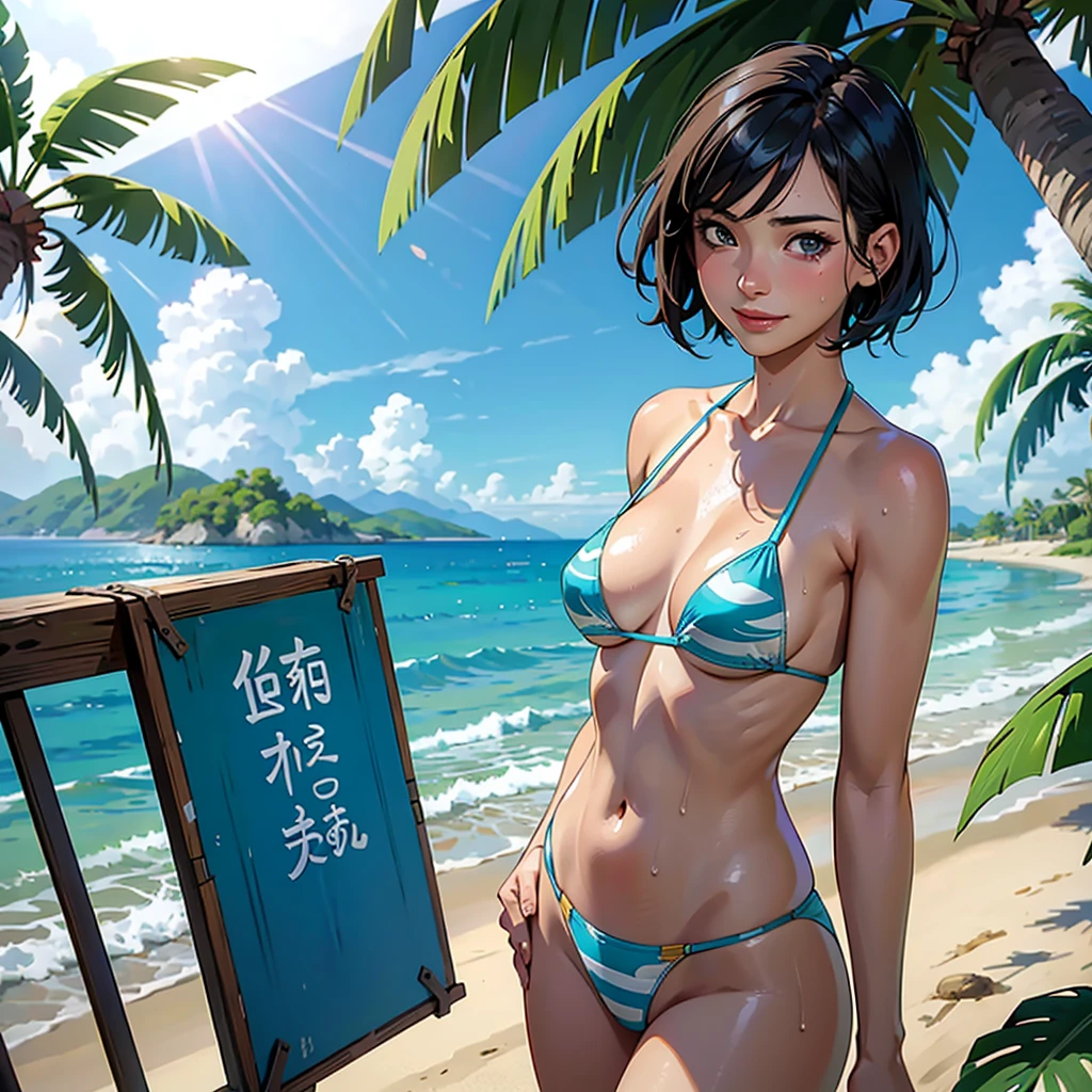 ((highest quality, masterpiece, High resolution)), ((reality)),Photos of beautiful Japanese women,((anime art))、 (((1 girl))), normal size breasts, slim body shape,  medium short hair, double eyelid, Wet see-through micro bikini,  A pareo with bold ethnic patterns and plenty of primary colors、realistic skin、Wet,whole body,cinematic light、tropical、Against the background of palm trees on both sides、on a sunny beach、With the sea in the background、blur background、smile