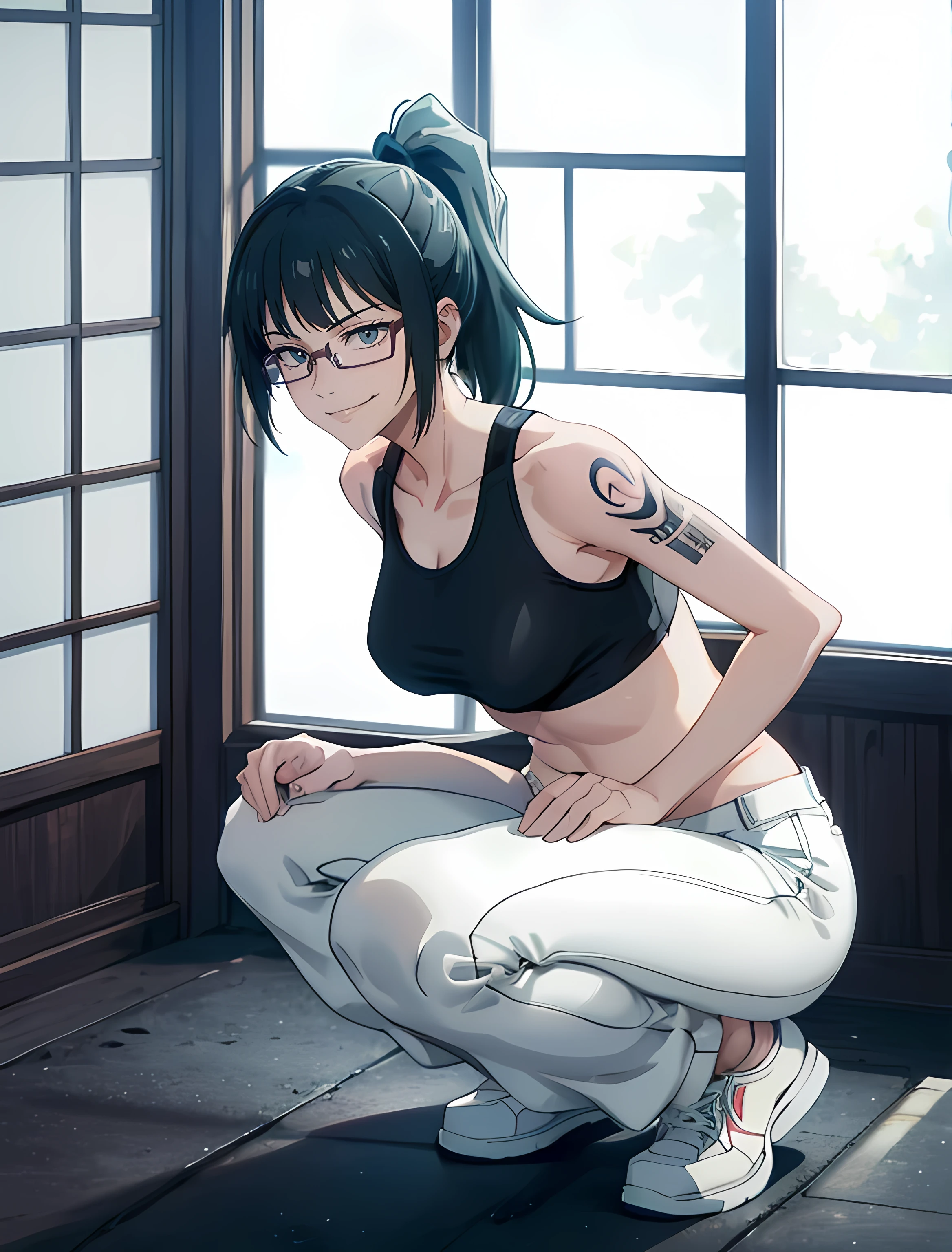 リアルでHigh resolution (highest quality, 4k, 8k, High resolution, masterpiece:1.2)score_9, score_8_up, score_7_up, score_6_up, score_5_up, score_4_up, (8k, RAW photo, best quality, masterpiece:1.2), front view detailed body, long belly, big , Slender body, tight body , thicc ,medium breast , long thighs, Glasses, ponytail, blue eyes, large breasts, beautiful legs, 1girl, solo, pants, squatting, sneakers, shoes, photo_background, torn_clothes, black_hair, ass, tattoo, breasts, nike, ring, torn_pants, camera, phone, crop_top, indoors, sleeveless, window,