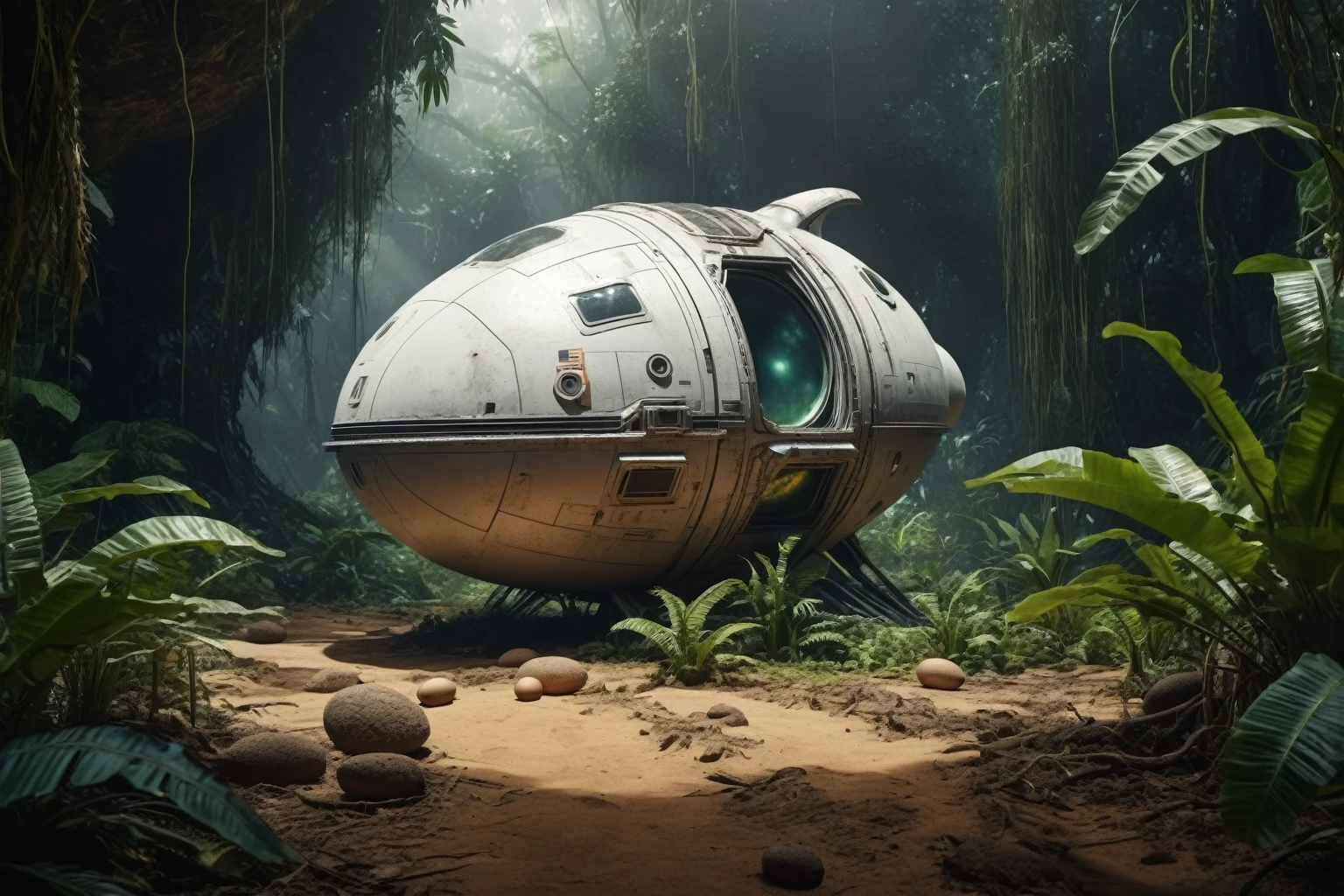 a small dent and bent egg-shaped escape pod from a spaceship crash landed in an alien jungle, stirred up dust, 4k resolution, hyperrealistic , scifi, landscape scene, scenery, dslr, hdr,