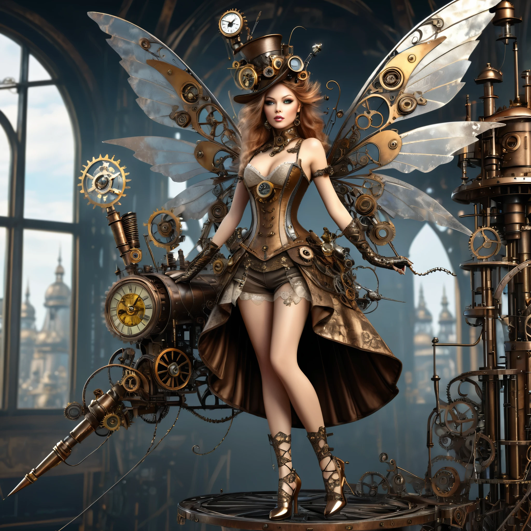 exquisite 2.5d rendering of a gorgeous steampunk fairy, high heels, ((highly detailed face)), flying around a tower made of metal junk and clockwork parts, metal trimmed wings, clothing made of lace and steel, clockwork home