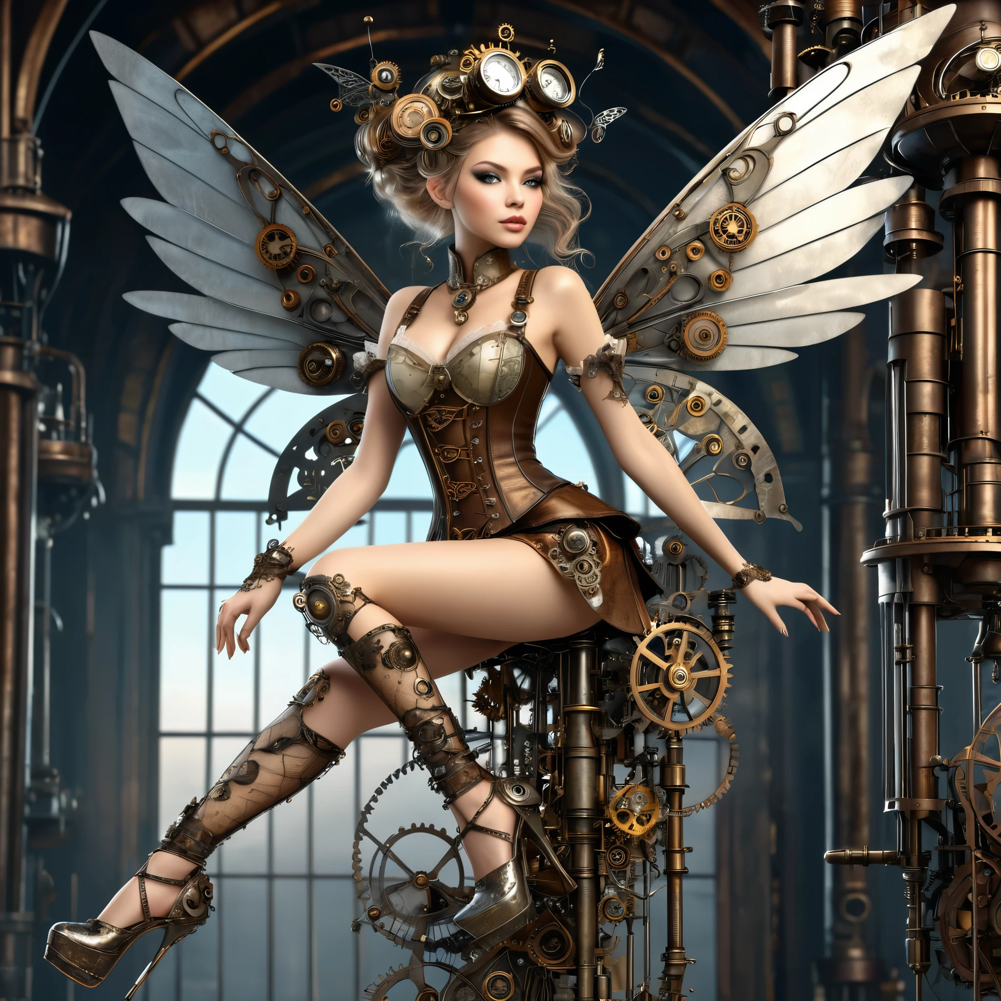 exquisite 2.5d rendering of a gorgeous steampunk fairy, high heels, ((highly detailed face)), flying around a tower made of metal junk and clockwork parts, metal trimmed wings, clothing made of lace and steel, clockwork home