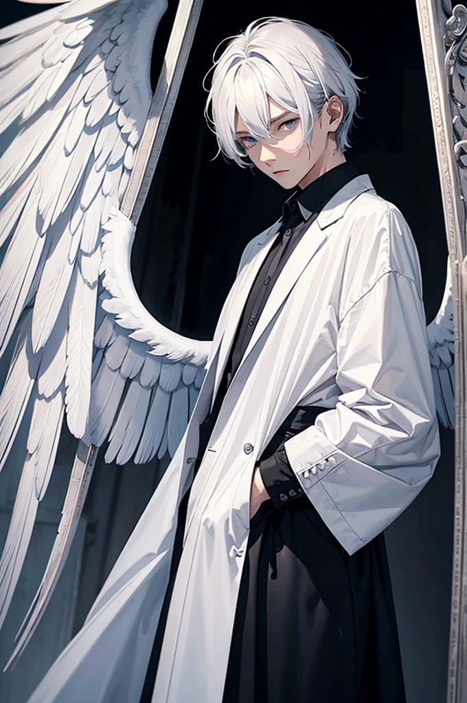 Homme ambivalent, half angel half devil, doark, white wings, dark background