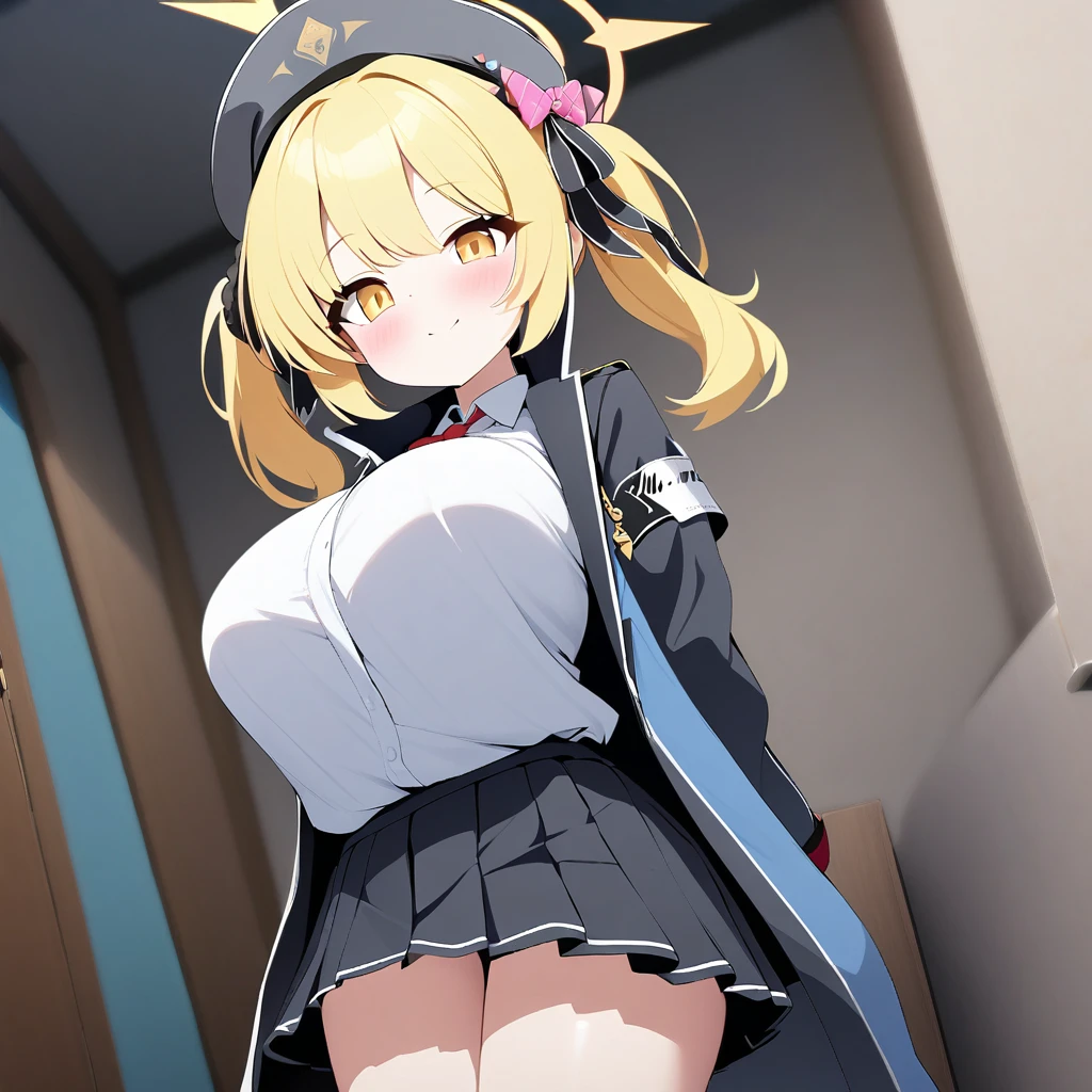 ibuki(blue archive),1girl,solo,halo,yellow eyes color,yellow hair color,huge breasts,looking at viewer,near,standing up,in room