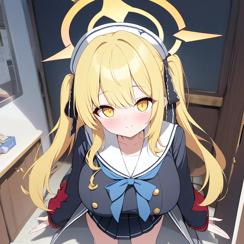 ibuki(blue archive),1girl,solo,halo,yellow eyes color,yellow hair color,huge breasts,looking at viewer,near,standing up,in room