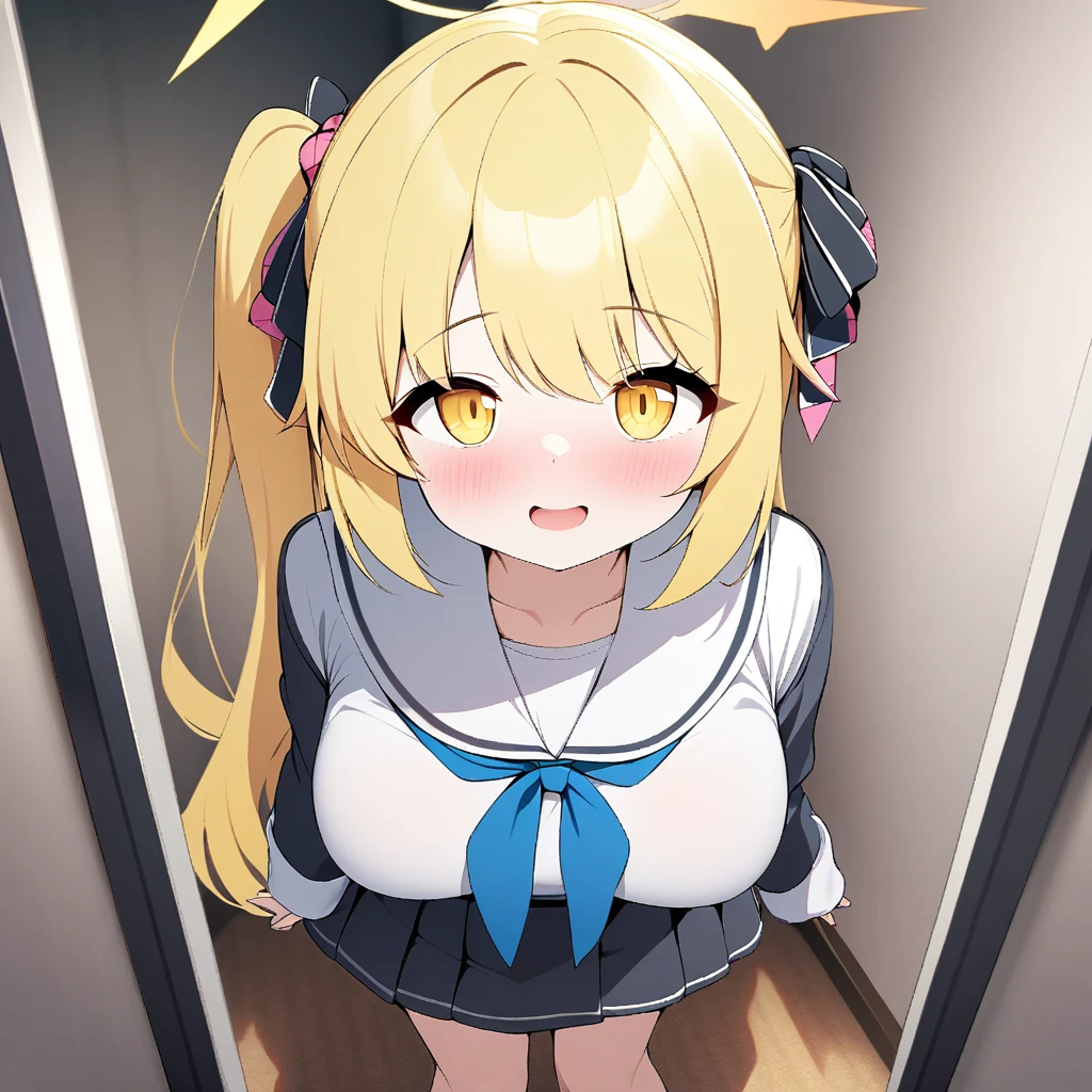 ibuki(blue archive),1girl,solo,halo,yellow eyes color,yellow hair color,huge breasts,looking at viewer,near,standing up,in room