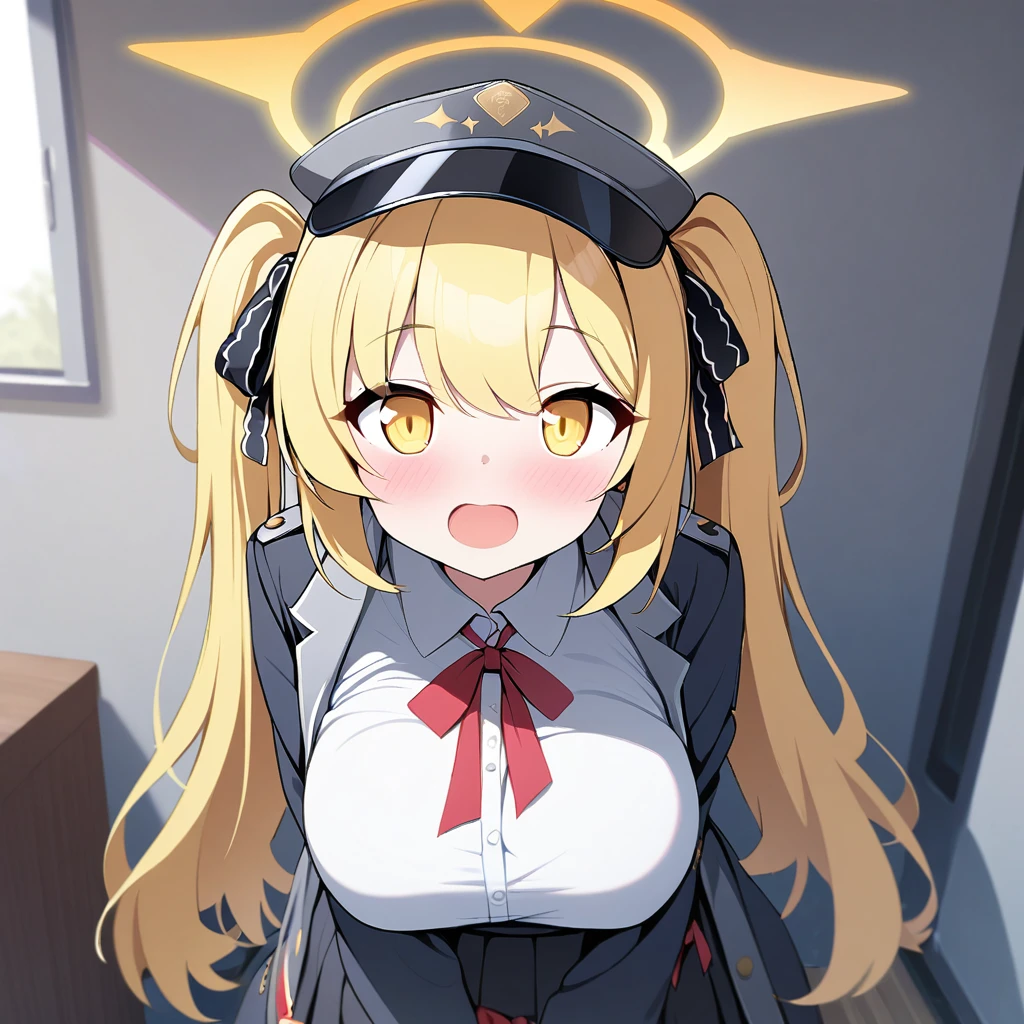 ibuki(blue archive),1girl,solo,halo,yellow eyes color,yellow hair color,huge breasts,looking at viewer,near,standing up,in room