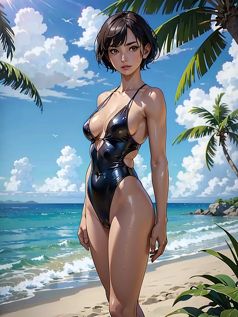 ((highest quality, masterpiece, High resolution)), ((reality)),Photos of beautiful Japanese women,((anime art))、 (((1 girl))), normal size breasts, slim body shape, medium short hair, double eyelid, Wet see-through gold micro one-piece swimsuit,, A pareo with bold ethnic patterns and plenty of primary colors、realistic skin、Wet,whole body,cinematic light、tropical、Against the background of palm trees on both sides、on a sunny beach、With the sea in the background、blur background、Clean abs,