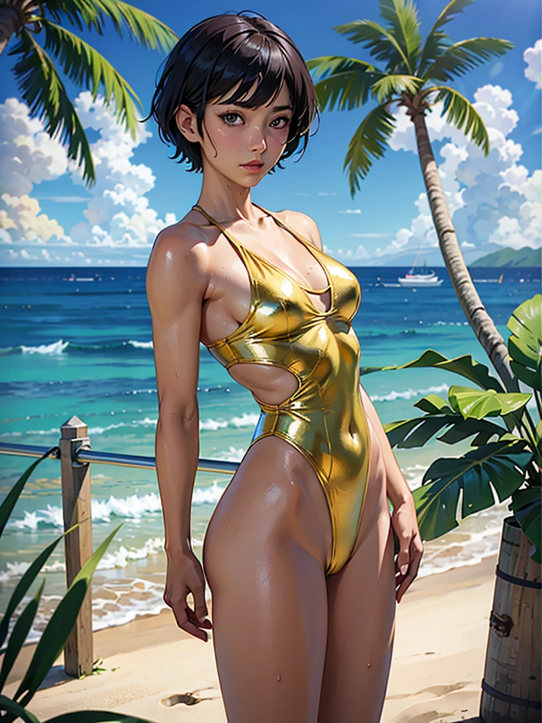 ((highest quality, masterpiece, High resolution)), ((reality)),Photos of beautiful Japanese women,((anime art))、 (((1 girl))), normal size breasts, slim body shape, medium short hair, double eyelid, Wet see-through gold micro one-piece swimsuit,, A pareo with bold ethnic patterns and plenty of primary colors、realistic skin、Wet,whole body,cinematic light、tropical、Against the background of palm trees on both sides、on a sunny beach、With the sea in the background、blur background、Clean abs,