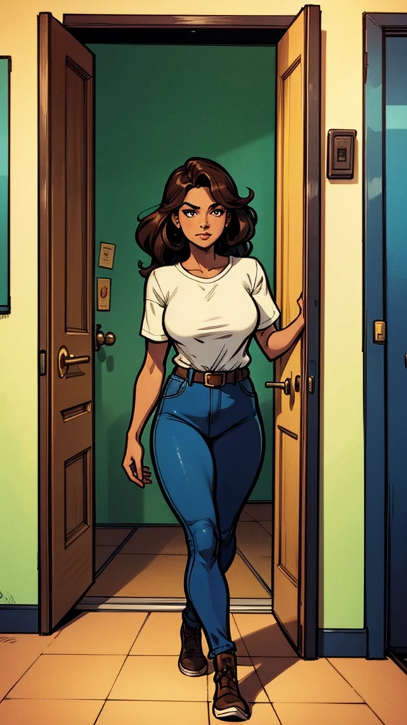 Create an image in the style of classic comics, with vibrant colors and well-defined lines. The scene features a Brazilian woman with medium-length, wavy dark hair and a medium skin tone. She is exiting a room in a building, walking confidently. Near the entrance of the room, there is a sign. The image should be in profile view of the woman, capturing her confident demeanor. The background should include elements of the building's interior, such as walls, doors, and signs, to provide context.