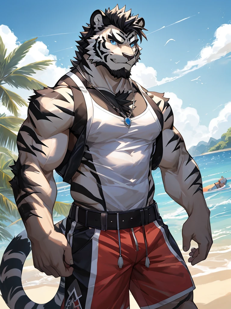 Masterpiece, Solo, Furry Black White Tiger, Blue Eyes, Medium Black Hair, Medium Black Facial Hair, Muscular Body, Cool Pose, Handsome, Good Looking, Adult, Fierce, Smirking, Summer outfit, summer background