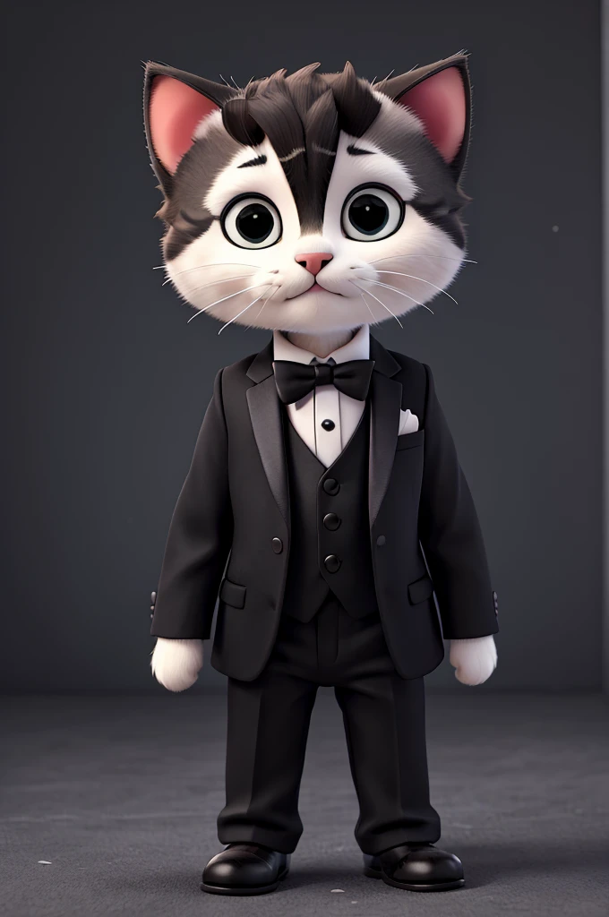 create an image of a kitten wearing a black suit with a black bow tie