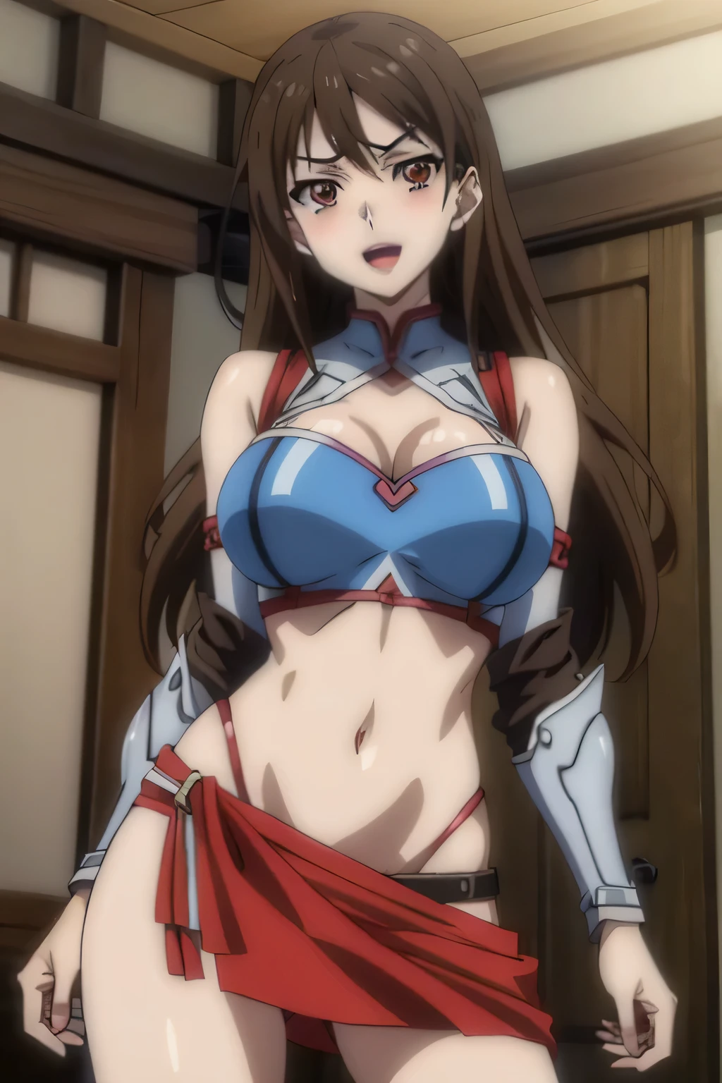 karenkatou, karen katou, long hair, brown hair, (brown eyes:1.5), large breast,
lipstick, red lips, large breasts, ear piercing, long hair, blush, lipstick,Hot girl, baddie, smoking, sensual, attractive , masterpiece, best quality, highly detailed, fantasy , a anime girls in armored dress holding a sword posing for a picture, evil smile, smile, open mouth, breastplate with open cleavage, cleavage, warrior outfit, ecchi anime style, anime girls, ecchi style, (nsfw) not safe for work, ecchi, digital anime art!!, in anime style, official artwork, visual novel cg, beautiful anime girl, anime style 4 k , loincloth, exposed belly, exposed navel, exposed midriff, exposed lower belly, pencil skirt armored, castle,inside castle