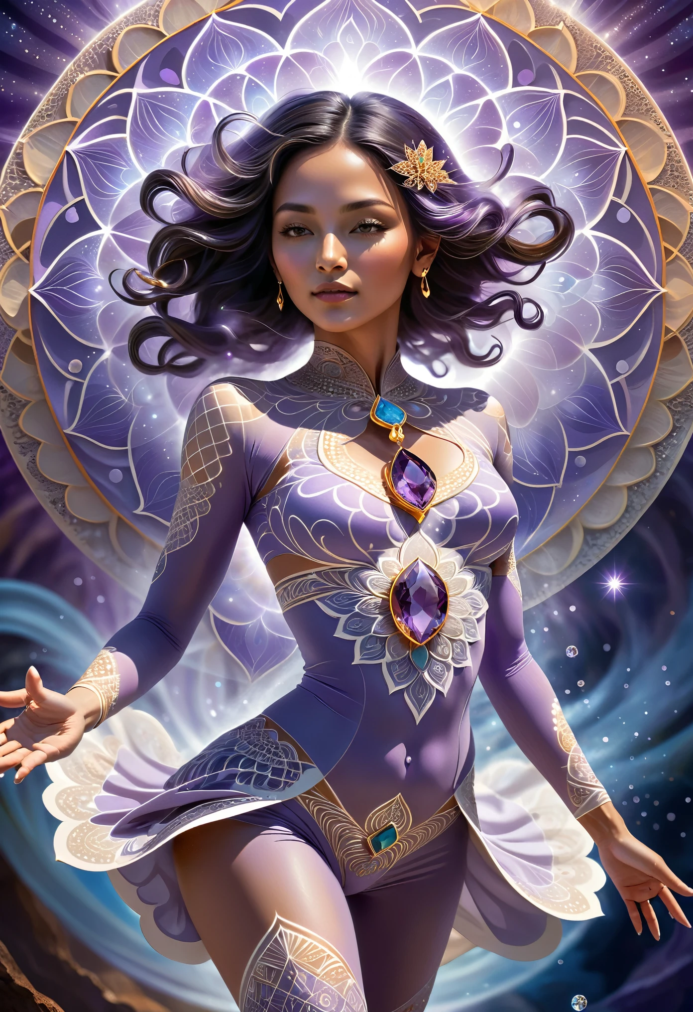 (best quality,ultra-detailed,realistic:1.37),1woman,jpn-girl,action shot,(dynamic pose:1.6),(the woman is standing on a magical crystal:1.4), (she is activating her third eye chakra),Ajna chakra activation,Sixth chakra,a diamond-like lotus of two petals,(She has an intricate glowing gem on her forehead, emanating psychic energy:1.6),fractals,psychedelic,special effects,pale purple hues,mandala, The woman is wearing layered highly detailed clothes with zentangle patterns, spiritual vision,divine connection,consciousness expansion,serene atmosphere,cosmic dance,subtle energy,pure bliss,(extremely exotic nature background:1.37),divine light,enhanced perception,elevated consciousness,inner transformation,divine guidance,beautiful intricate patterns,pure positive energy,spiritual awakening,depth of meditation,vibrant aura,transcendence into higher realms, art by mooncryptowow, sacred geometry,synchronicity with the universe,inner harmony,sacred vibrations,universal knowledge,sense of oneness,limitless possibilities,expanded awareness,lucid dreamlike state.