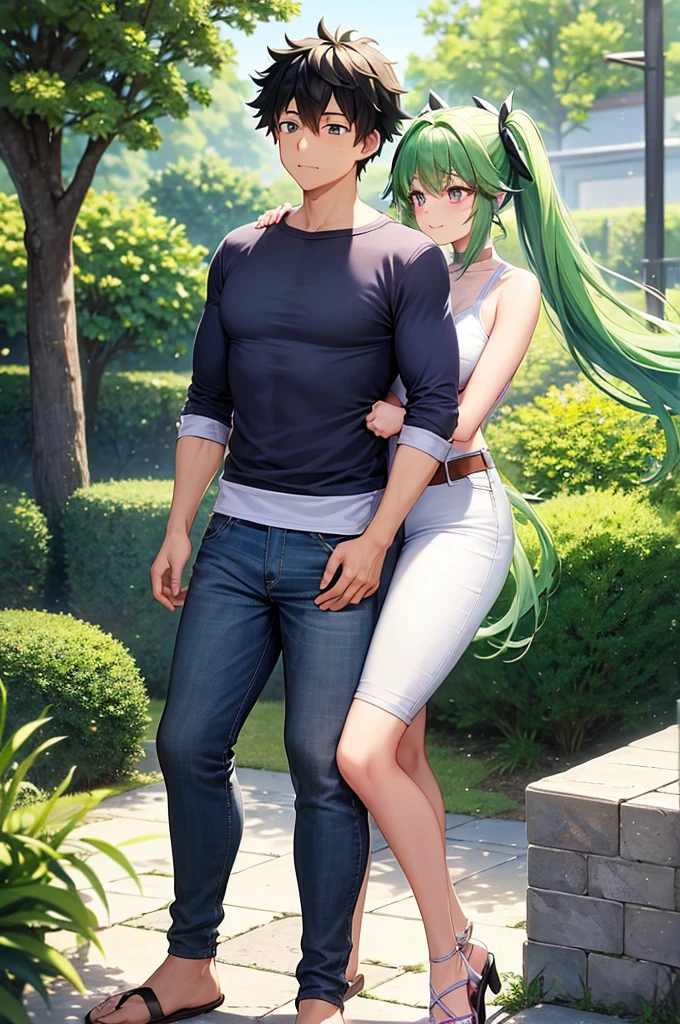 Rimuru Tempest, in its feminine form 1.90 meters, with O cup breasts, golden eyes that radiate confidence and shapely legs, He wears casual clothing that highlights his imposing stature and elegance.. She wears a tight light blue blouse that complements her long, silky hair of the same shade., along with comfortable and modern pants. Ella is with Izuku Midoriya, who, with his height of 1.66 meters and an athletic build, He wears a casual t-shirt and tight jeans that show off his well-defined muscles.. Izuku, with his messy dark green hair and green eyes full of determination, He seems a little smaller next to Rimuru, which further highlights her height. both, as a couple, They show themselves in a playful and affectionate attitude, with Rimuru leaning forward slightly to be eye level with Izuku as he smiles and looks at her in admiration. Together, enjoy their time in a relaxed atmosphere, with Rimuru affectionately showing off his height as they walk and chat, demonstrating the closeness and affection between them.