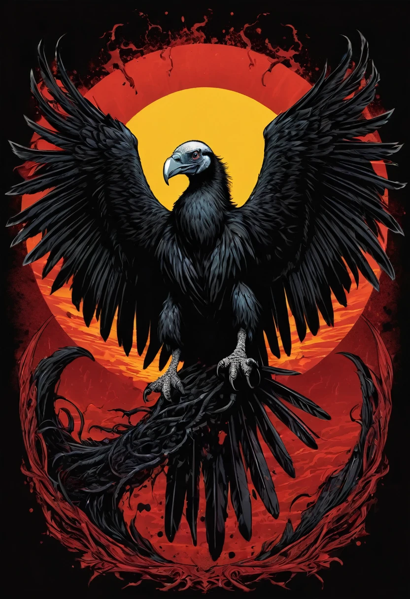 t-shirt design, Design a menacing black t-shirt with a full body vulture motif inspired by heavy metal music aesthetics. The artwork features a sleek, Black vulture coiled sinuously, its scales glistening in the dim light. The vulture's mouth is wide open, revealing rows of razor-sharp teeth dripping with blood, exuding a sense of raw, primal aggression, bright sky and big sun in background, enhancing the ominous atmosphere of the design. The vulture's eyes gleam with a malevolent glint, capturing the essence of danger and violence. The overall style is bold and intense, embodying the dark and edgy spirit of heavy metal music.
