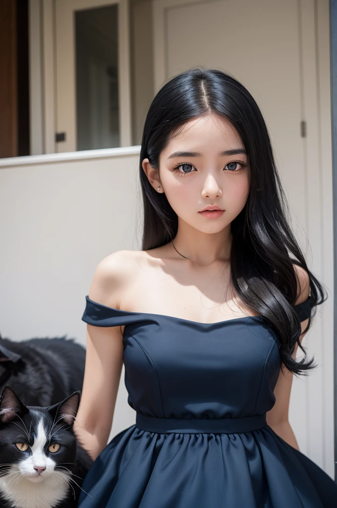 Girl with black eyes, black hair and blue dress, next to a dog and a cat
