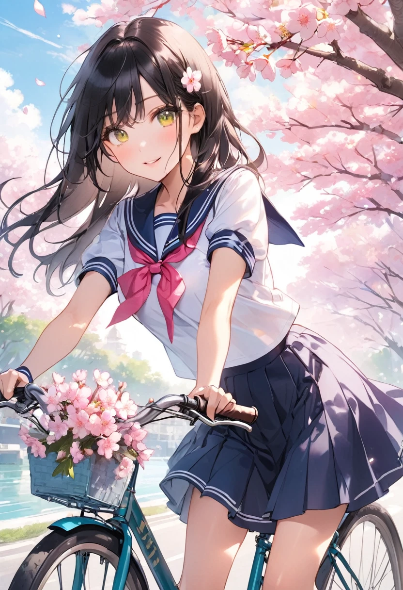 Long black hair、cherry blossoms、Riding a bicycle、Girl in sailor suit、Yellow-green eyes、Beauty