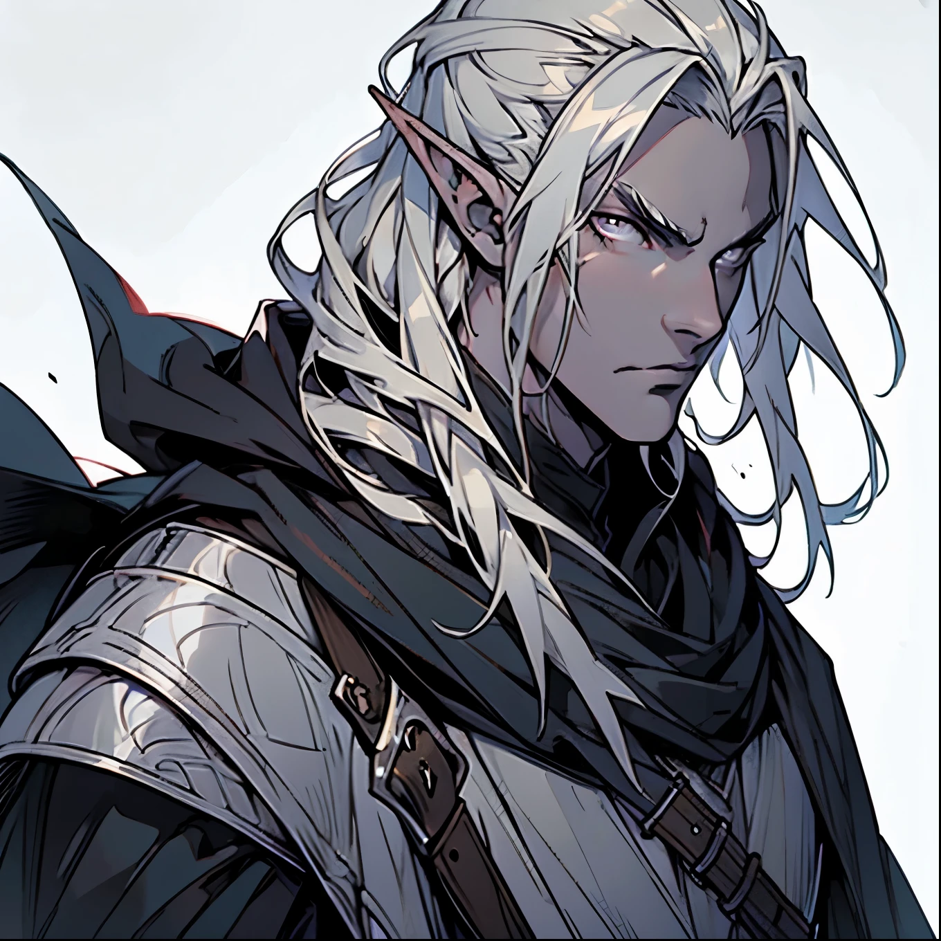 anime, full bodymasterpiece, best quality, by professional artist, male, solo, upper body portrait, detailed composition, detailed eyes, white background, long light blond undercut hair, elf, grey eyes, serious face, hair covering one eye, black cloak, silver medieval armor.