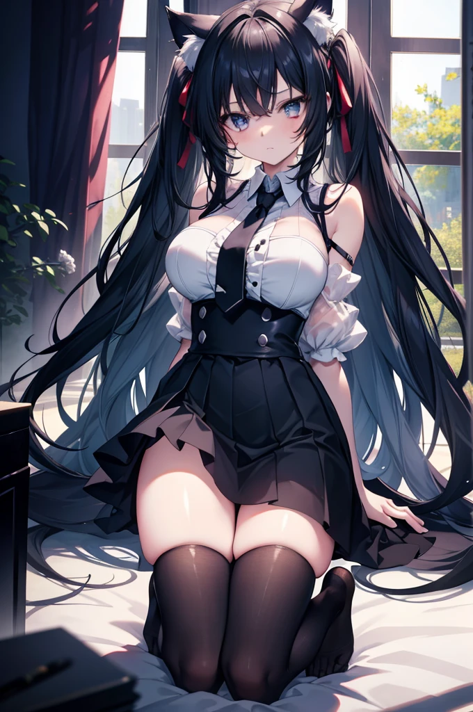 anime, 1 girl, cat girl, cat ears, perfect face,Radiant skin,Beautiful long flowing hair very huge breasts, Open breasts,Bare shoulders exposed，Slim toned body，nice ，seductive posture,kneels,Slim white shirt with tie, Tight black skirt,High skirt，five fingers，long legs，8 k artistic photography, Conceptual art of photorealism, soft natural volumetric cinematic perfect light, epic, Trending on Artstationh, vibrant, Production of a cinematic character, very high quality model, Chiaroscuro