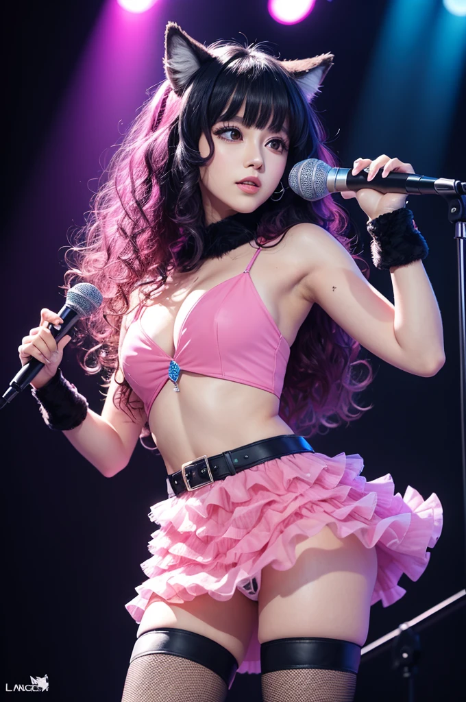 Guara wolf, furry, singer, ful dressed longo, pink and blue neon_ful dressed, stylish, Black curly hair, stage_cenario, holding microphone, album layer