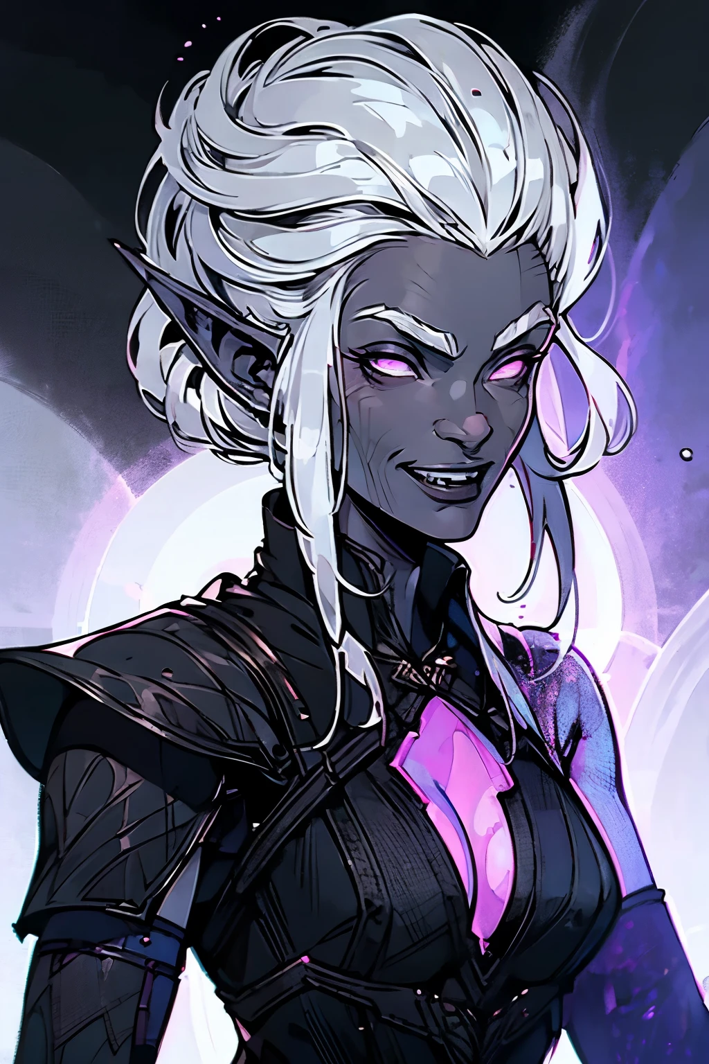 Pale skin, Patchy skin, prominent veins, dark veins, gray hair, black_circles under the eyes, pink eyes, black_sclera, woman, warrior, armor, Broad smile, Sharp teeth, closed clothing, Pointed ears, dark background ((Best quality))