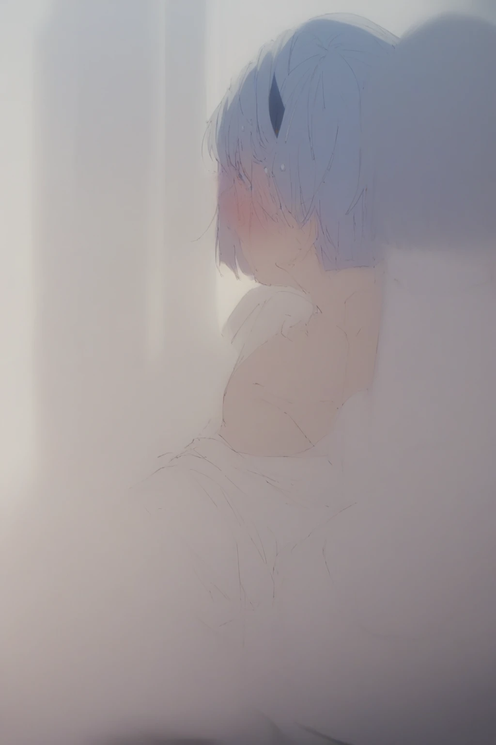 blue hair,blue eyes,short hair,jewelry hairband, short hair, bob cut,((top tank,shorts)),(((blush,sensual,tempting))),blush,wet,sweat,on the bed,