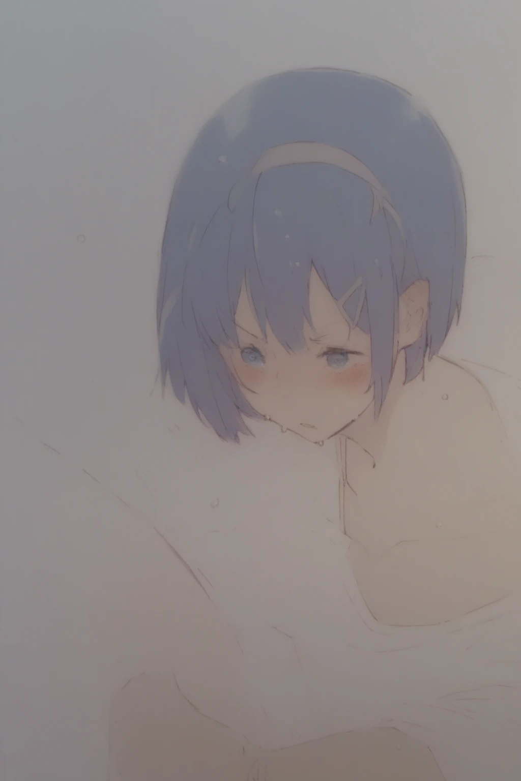 blue hair,blue eyes,short hair,jewelry hairband, short hair, bob cut,((top tank,shorts)),(((blush,sensual,tempting))),blush,wet,sweat,on the bed,