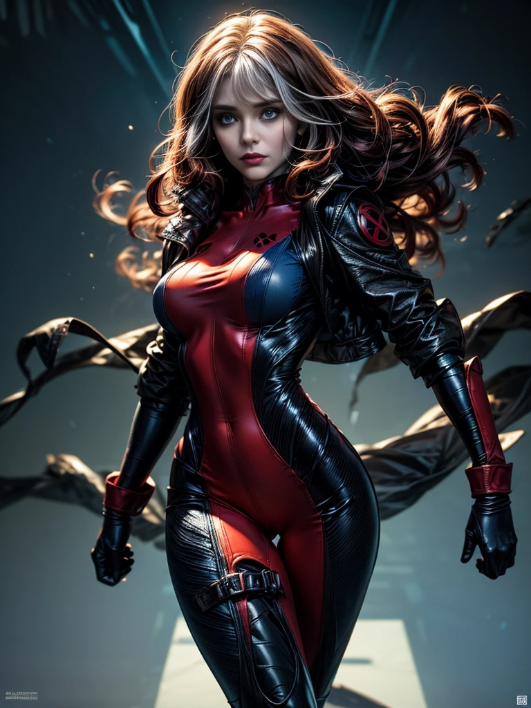 Bryce Dallas Howard、masterpiece、High quality 4K、villain (X-Men)、Gothic Girl、Sculpted Body Gothic Makeup、Black jacket、Red and blue bodysuit、masterpiece、Highest quality、Cowboy Shots、One personの女の子、One person、Technology Military Bodysuit、fringe