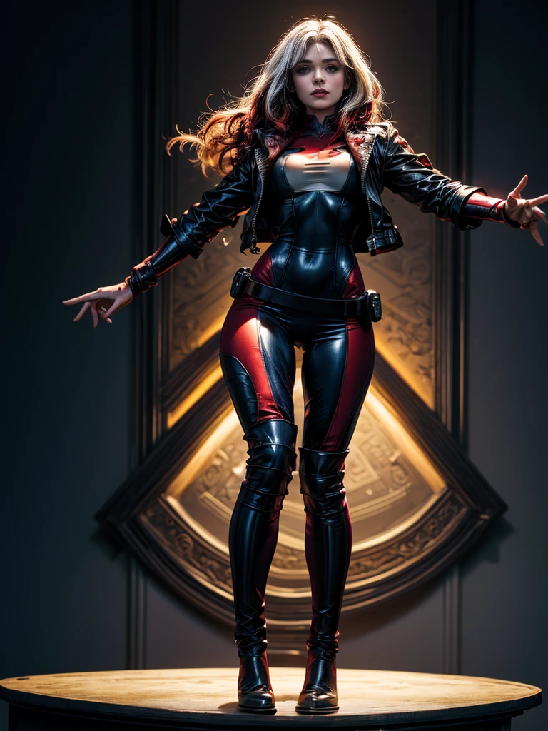 Bryce Dallas Howard、masterpiece、High quality 4K、villain (X-Men)、Gothic Girl、Sculpted Body Gothic Makeup、Black jacket、Red and blue bodysuit、masterpiece、Highest quality、Cowboy Shots、One personの女の子、One person、Technology Military Bodysuit、fringe
