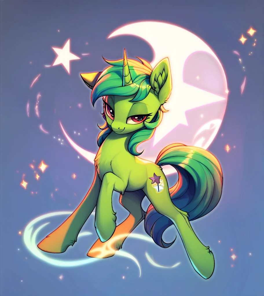 score_9, score_8_up, score_7_up, score_6_up, score_5_up, score_4_up,  (by aki99), source_pony, rating_suggestive, (feral), bedroom eyes, shiny, masterpiece, detailed soft lighting, ear fluff, green_hair, straight_hair,long_Hair, Fluffy_Hair, wolfcut_hair, Red_eyes, hair_acessorios, Stars, Sparkles, full_body, cool_pose, full_body, pelagem_Branca.