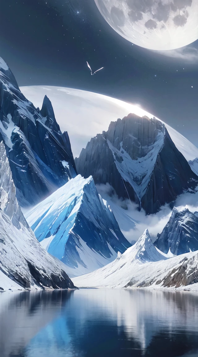 mountains and a lake with a moon in the sky, 4k highly detailed digital art, 4 k hd wallpaper very detailed, impressive fantasy landscape, sci-fi fantasy desktop wallpaper, unreal engine 4k wallpaper, 4k detailed digital art, sci-fi fantasy wallpaper, epic dreamlike fantasy landscape, 4k hd matte digital painting, 8k stunning artwork